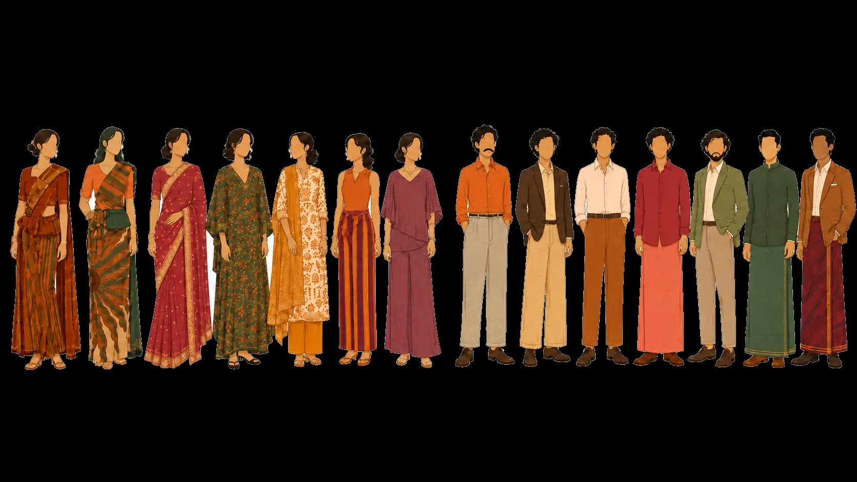 Watercolour illustration of wedding guests dressed in warm, earthy tones