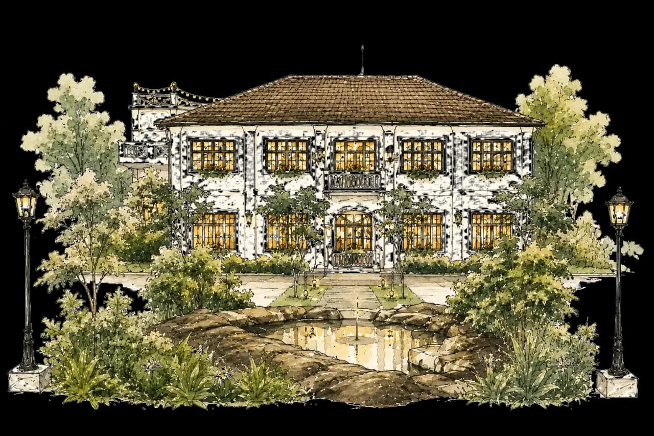 Watercolour sketch of the Grand Walawwa manor house, its tree-lined garden and pond